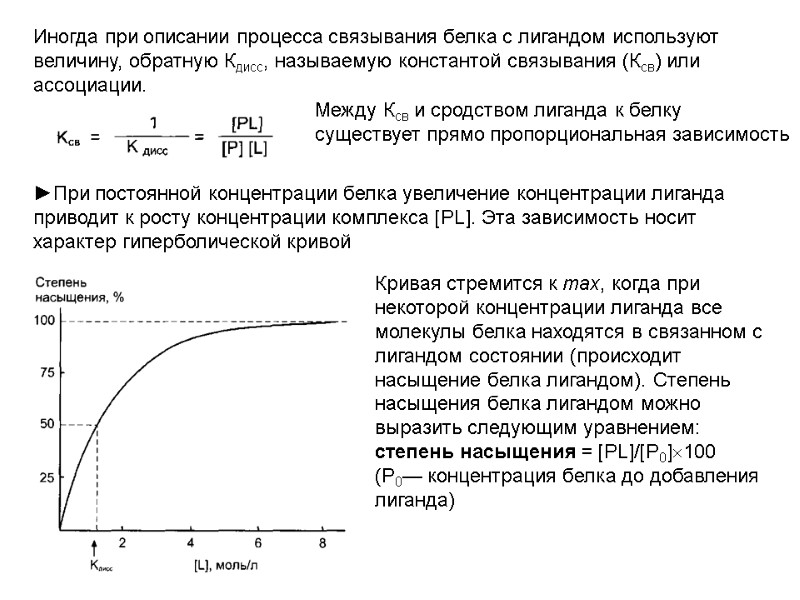 Иногда при описании процесса связывания белка с лигандом используют величину, обратную Кдисс, называемую константой